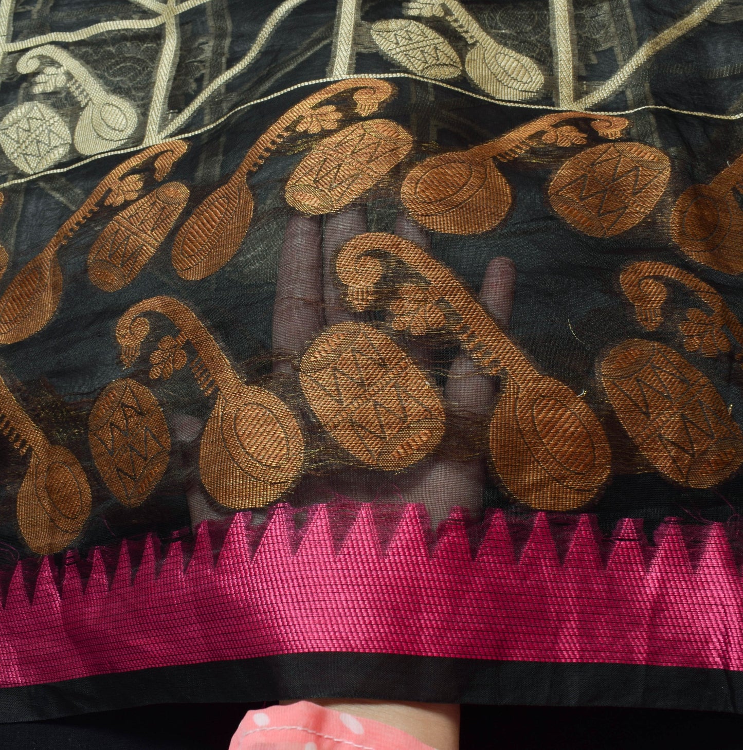 Sushila Vintage Black Silk Saree Mandala & Instrument Woven Sari Craft Fabric