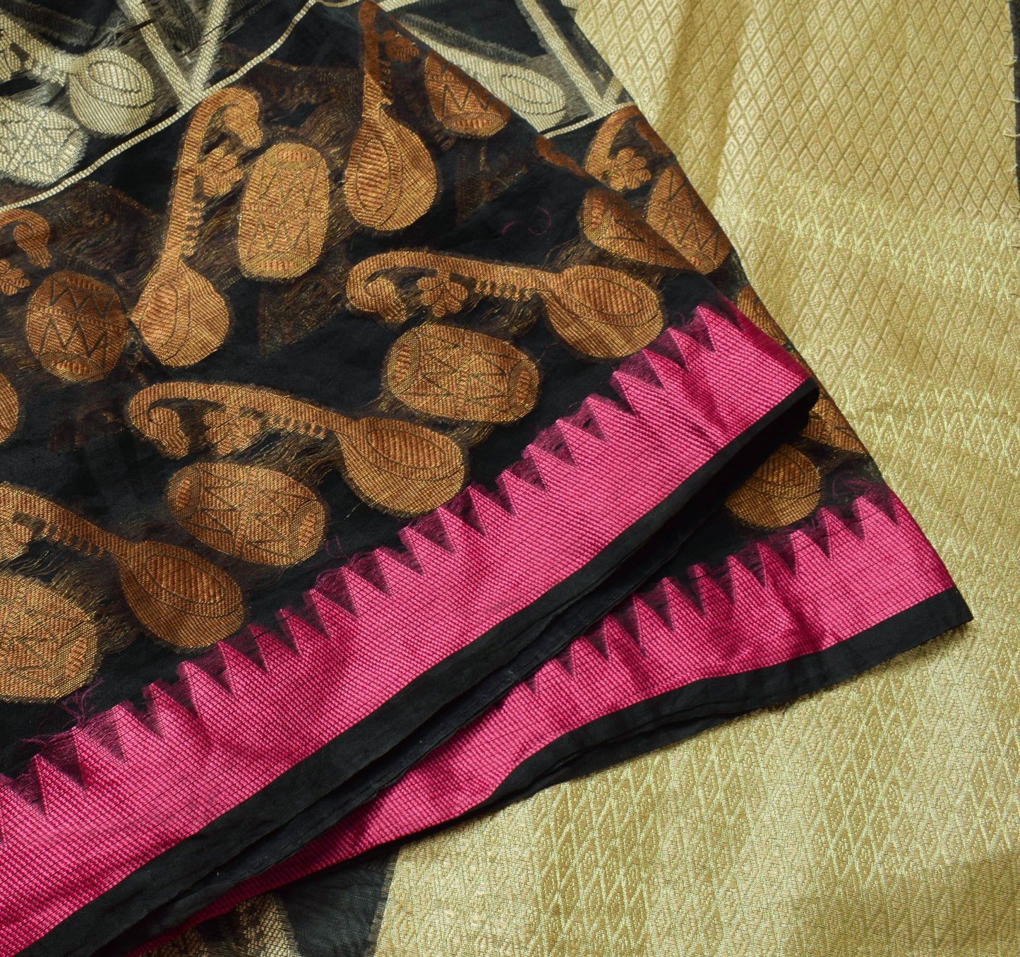 Sushila Vintage Black Silk Saree Mandala & Instrument Woven Sari Craft Fabric