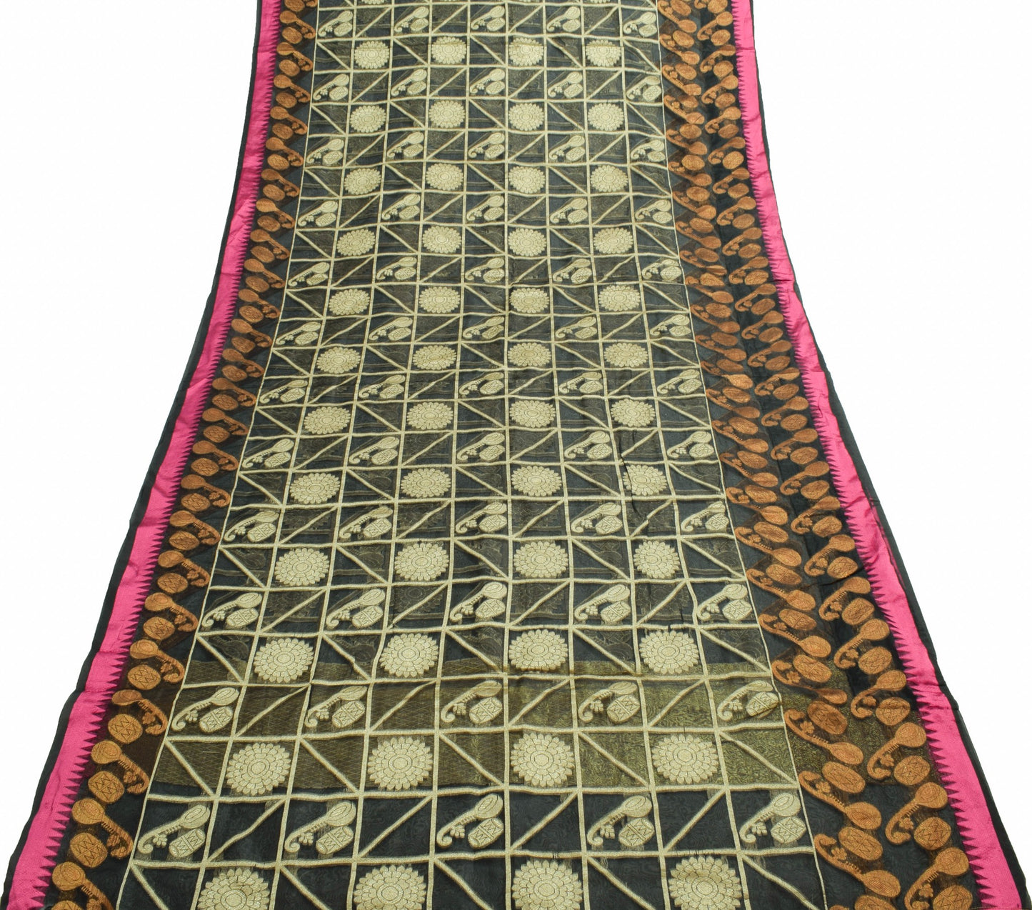 Sushila Vintage Black Silk Saree Mandala & Instrument Woven Sari Craft Fabric