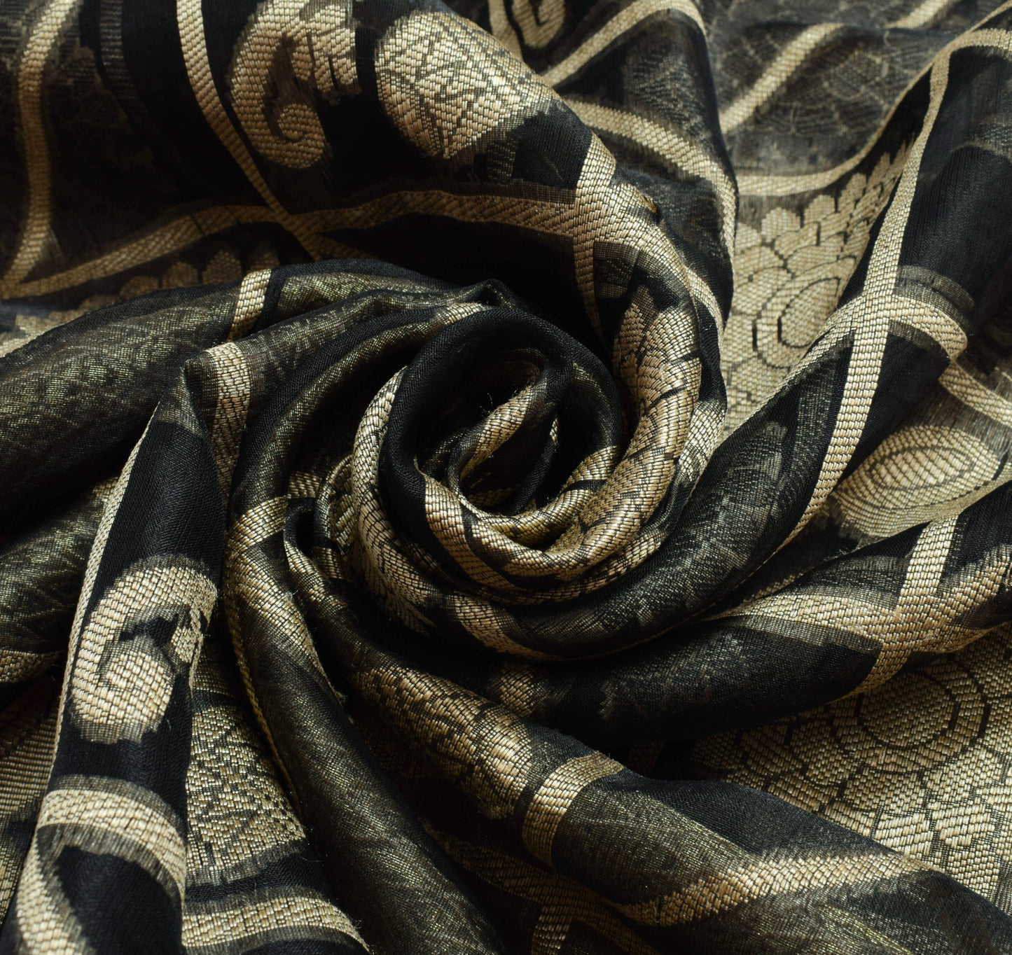 Sushila Vintage Black Silk Saree Mandala & Instrument Woven Sari Craft Fabric