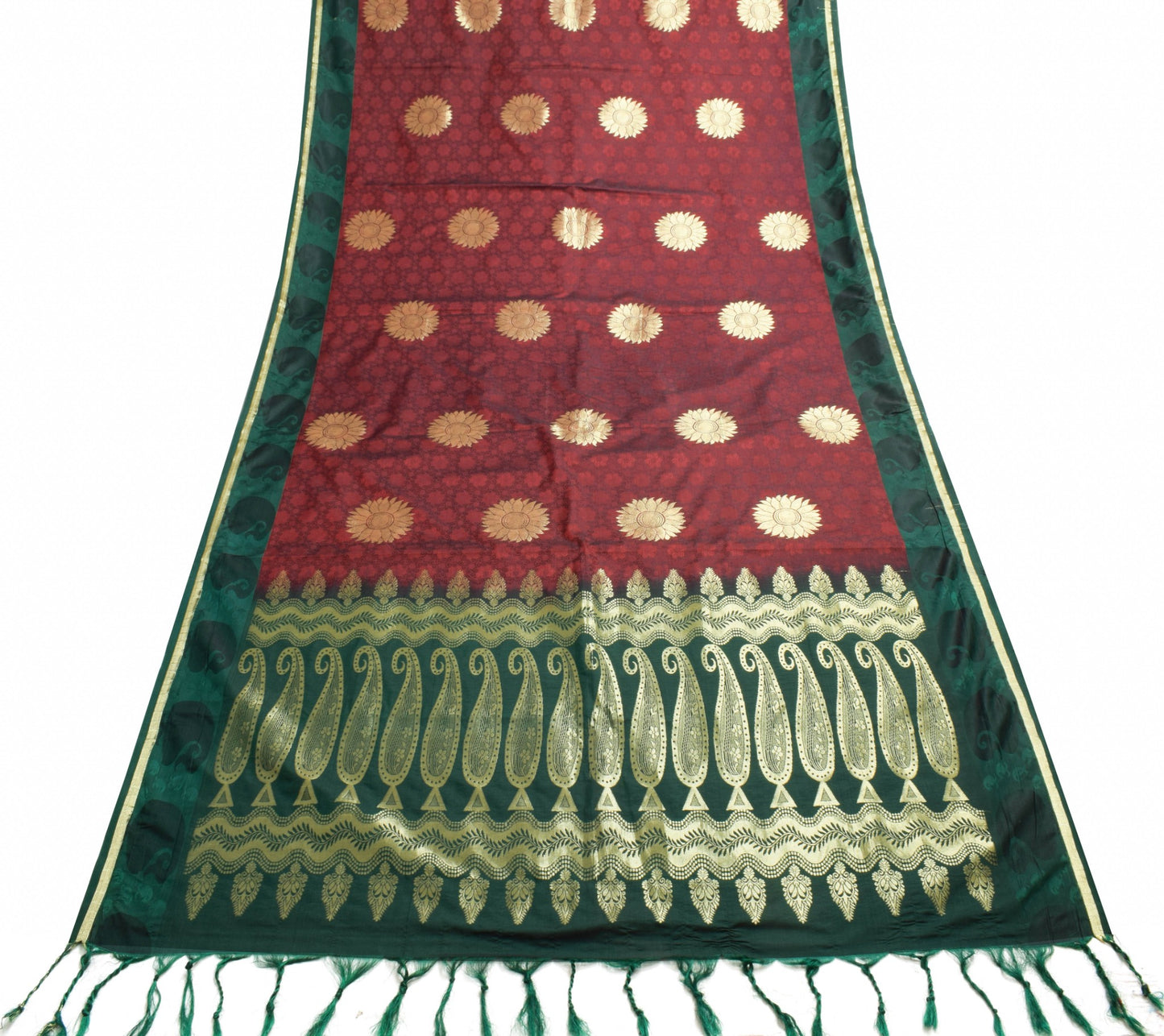 Sushila Vintage Maroon & Green Silk Saree Floral Woven Wedding Sari Craft Fabric