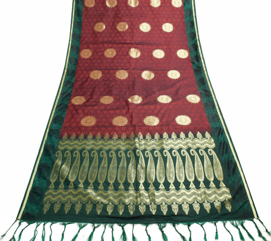 Sushila Vintage Maroon & Green Silk Saree Floral Woven Wedding Sari Craft Fabric