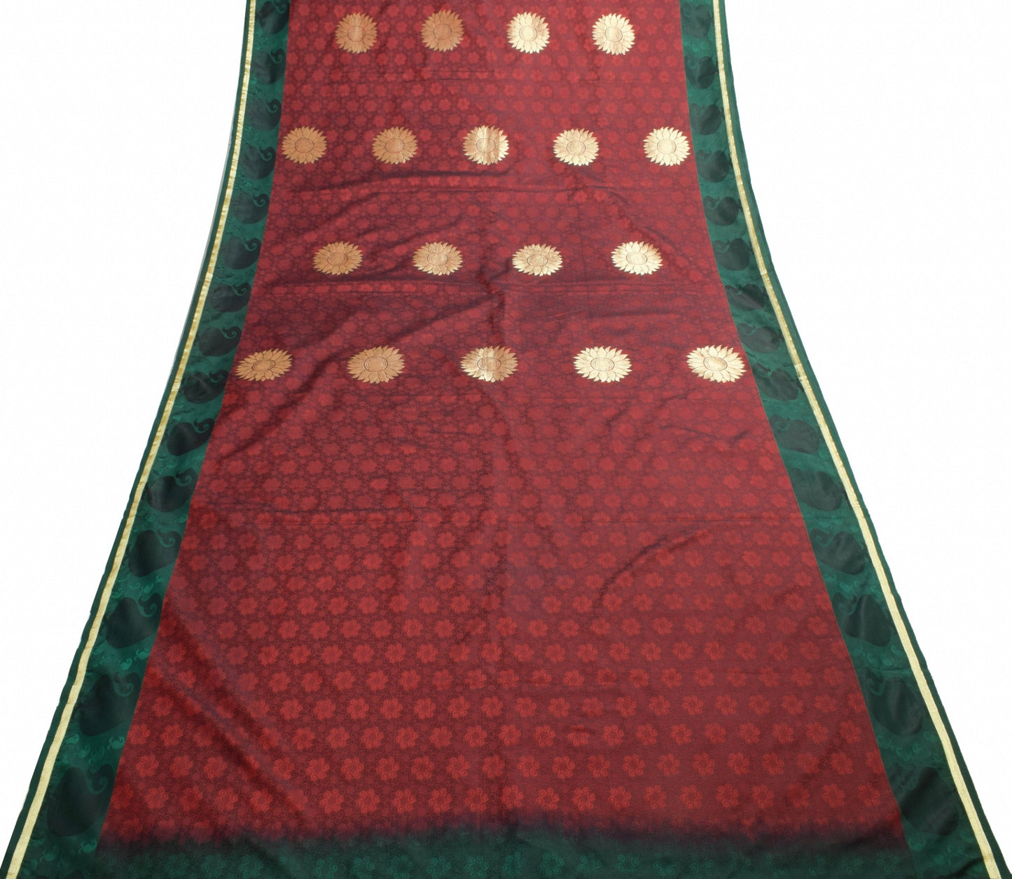 Sushila Vintage Maroon & Green Silk Saree Floral Woven Wedding Sari Craft Fabric
