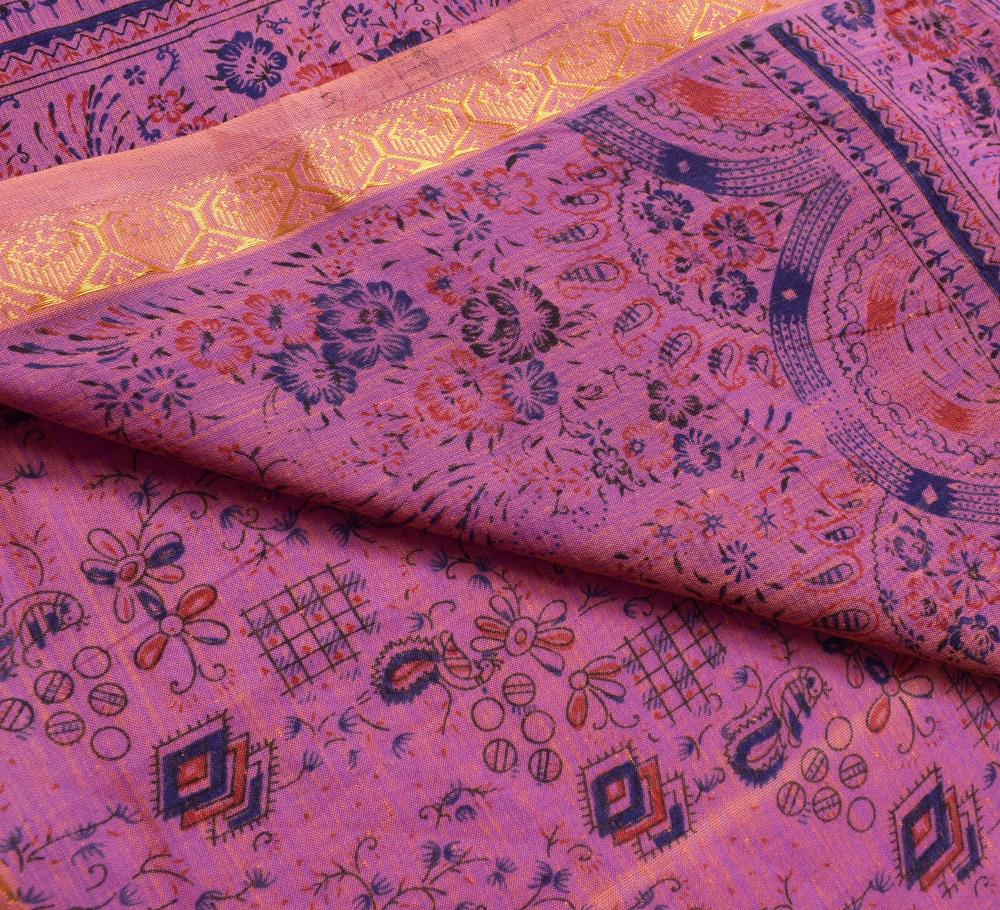 Sushila Vintage Pink Purple Dual Tone Saree 100% Pure Cotton Printed Sari Fabric