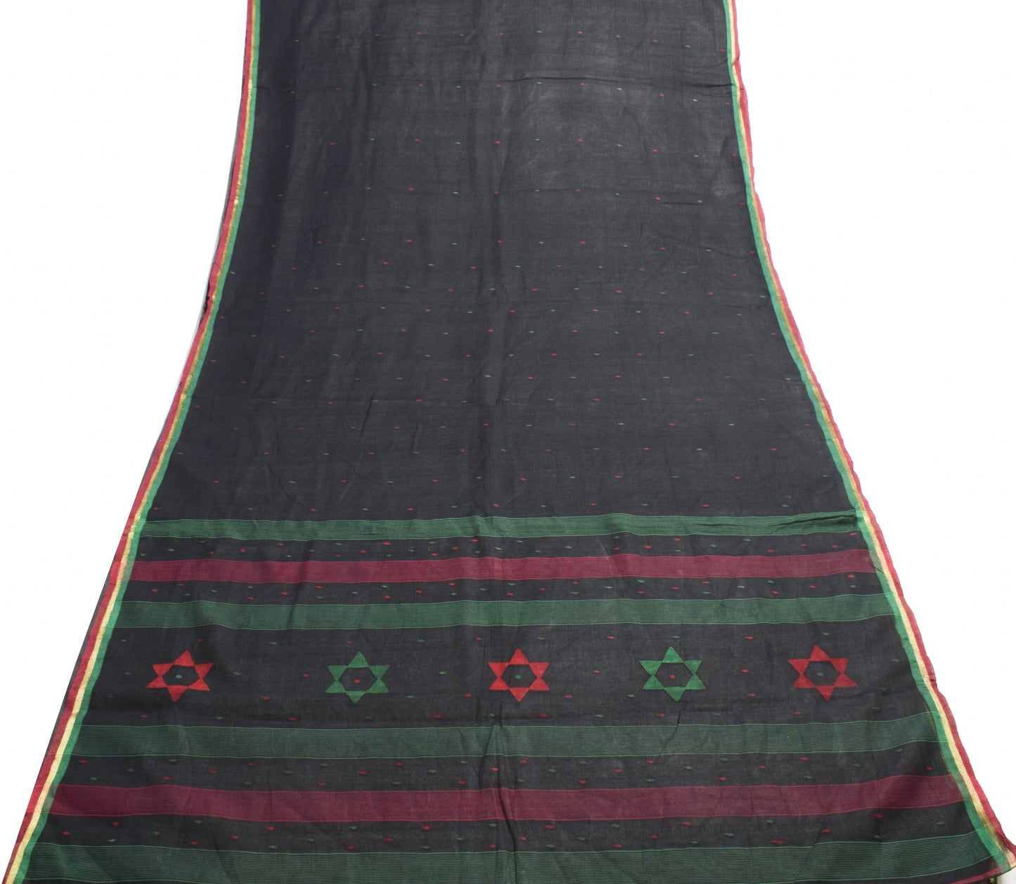 Sushila Vintage Black Tent Woven Saree 100%Pure Cotton Bengali Sari Craft Fabric