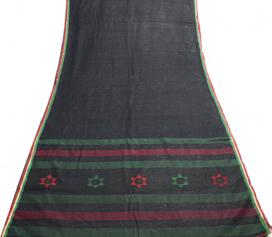 Sushila Vintage Black Tent Woven Saree 100%Pure Cotton Bengali Sari Craft Fabric
