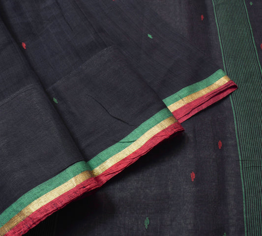 Sushila Vintage Black Tent Woven Saree 100%Pure Cotton Bengali Sari Craft Fabric