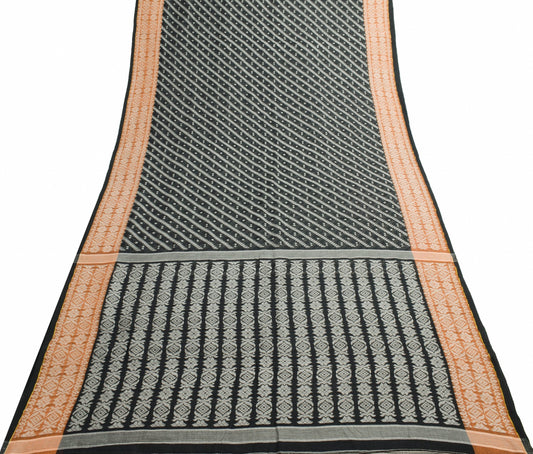 Sushila Vintage Black 100% Pure Cotton Saree Geometrical Woven Sari Craft Fabric