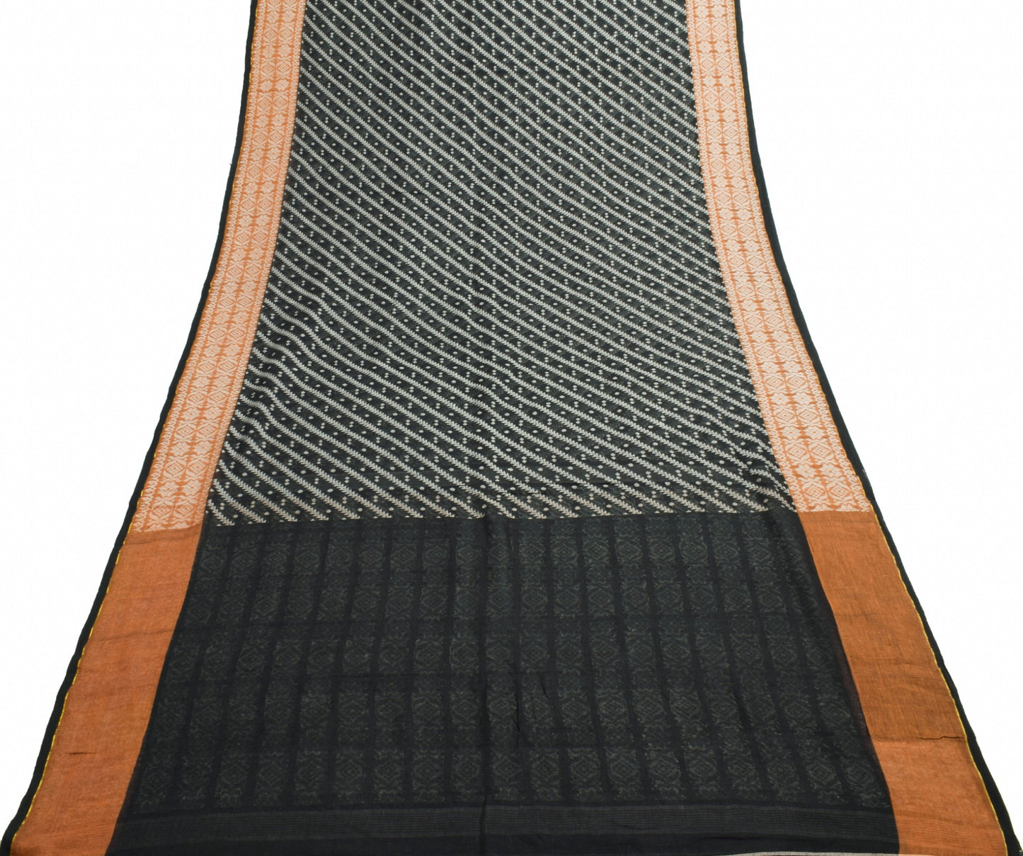 Sushila Vintage Black 100% Pure Cotton Saree Geometrical Woven Sari Craft Fabric