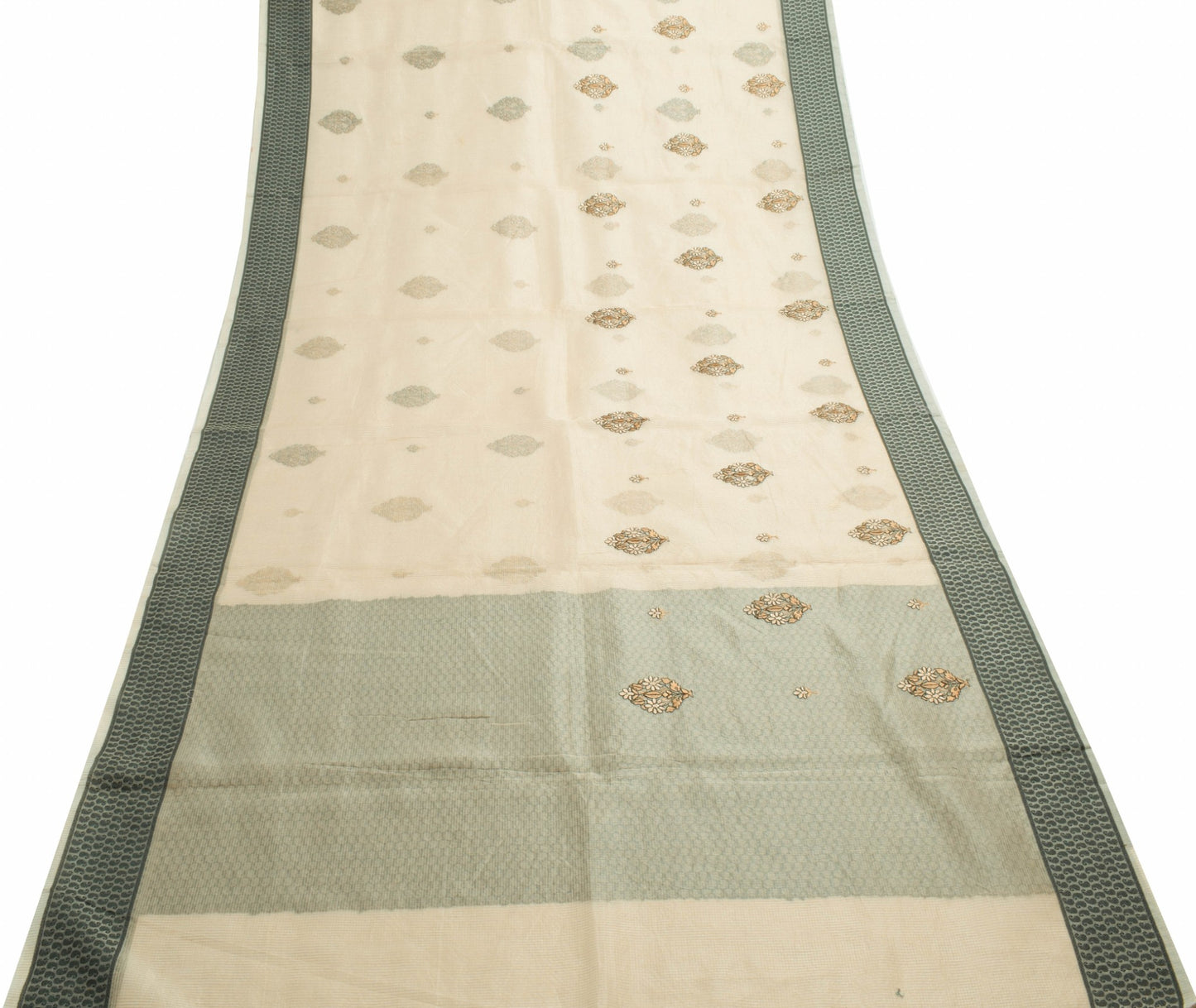 Sushila Vintage Beige Woven Saree 100% Pure Silk Floral Embroidered Sari Fabric