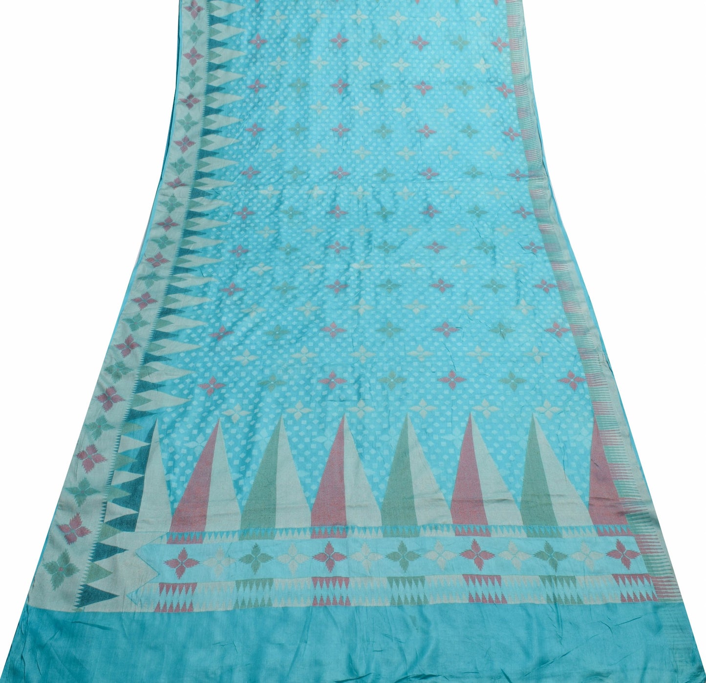 Sushila Vintage Aqua Blue Saree Pure Tussar Silk Woven Geometrical Sari Fabric