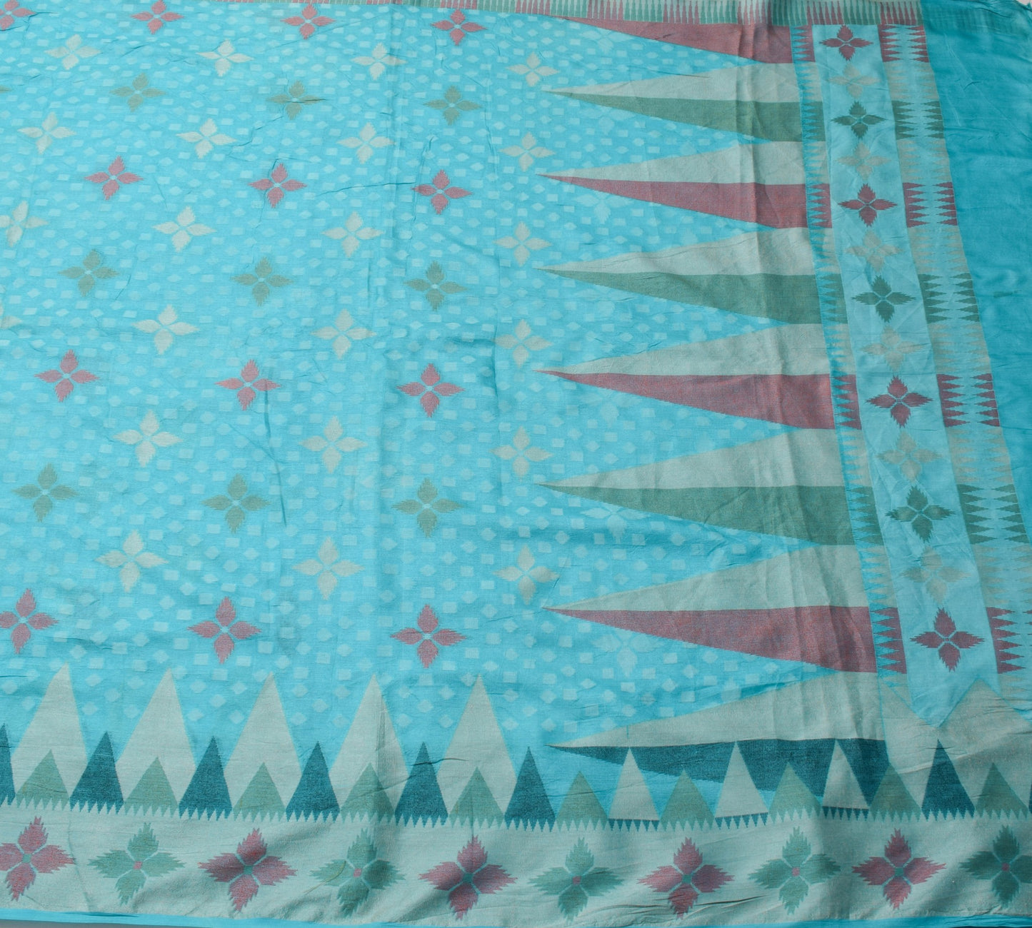 Sushila Vintage Aqua Blue Saree Pure Tussar Silk Woven Geometrical Sari Fabric