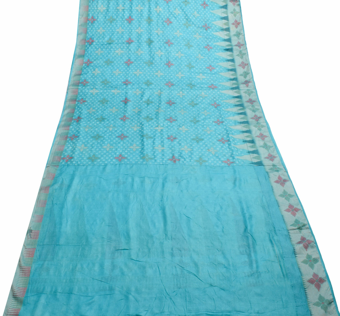 Sushila Vintage Aqua Blue Saree Pure Tussar Silk Woven Geometrical Sari Fabric