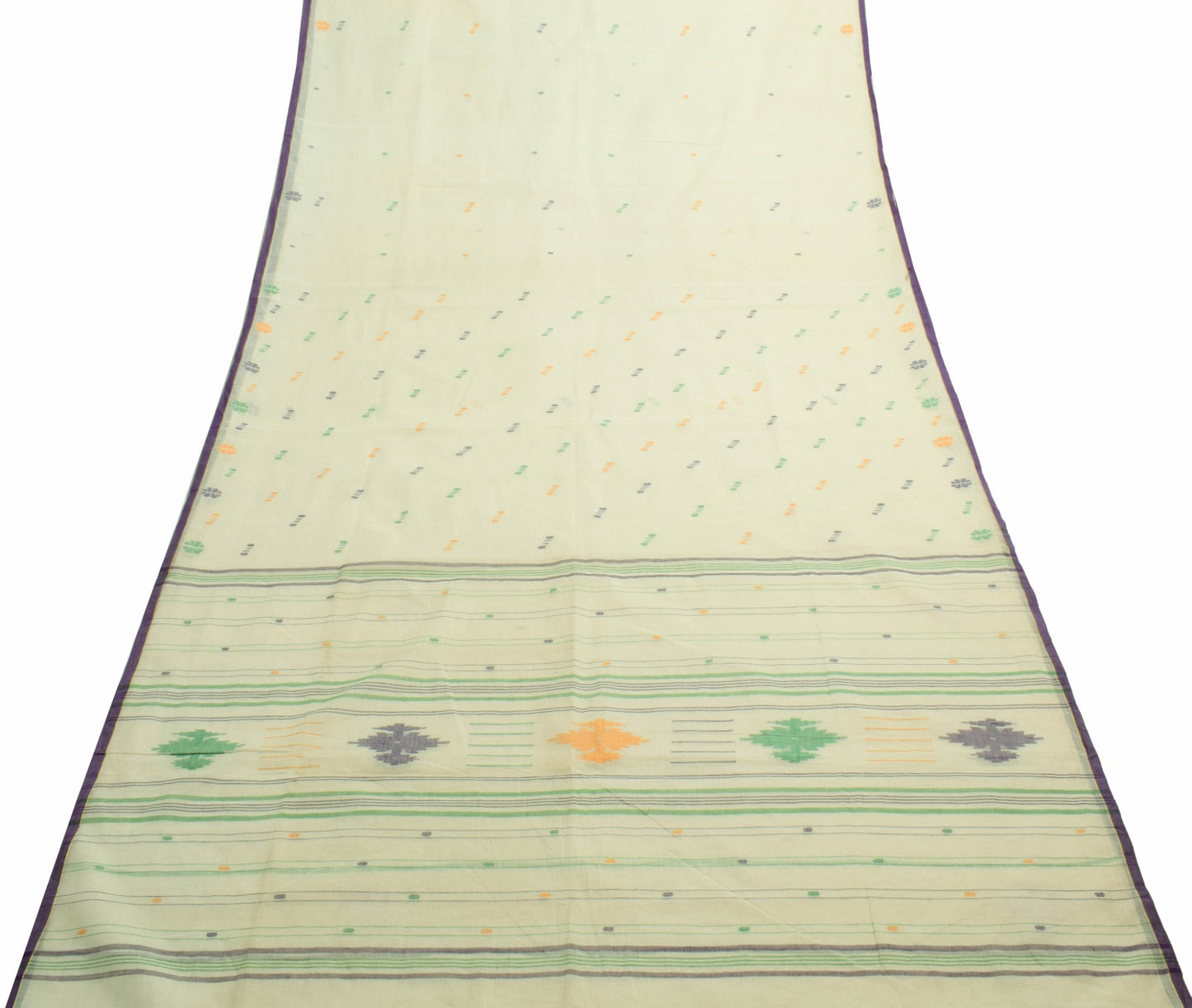 Sushila Vintage Cream 100% Pure Cotton Saree Tant Woven Floral Sari Craft Fabric