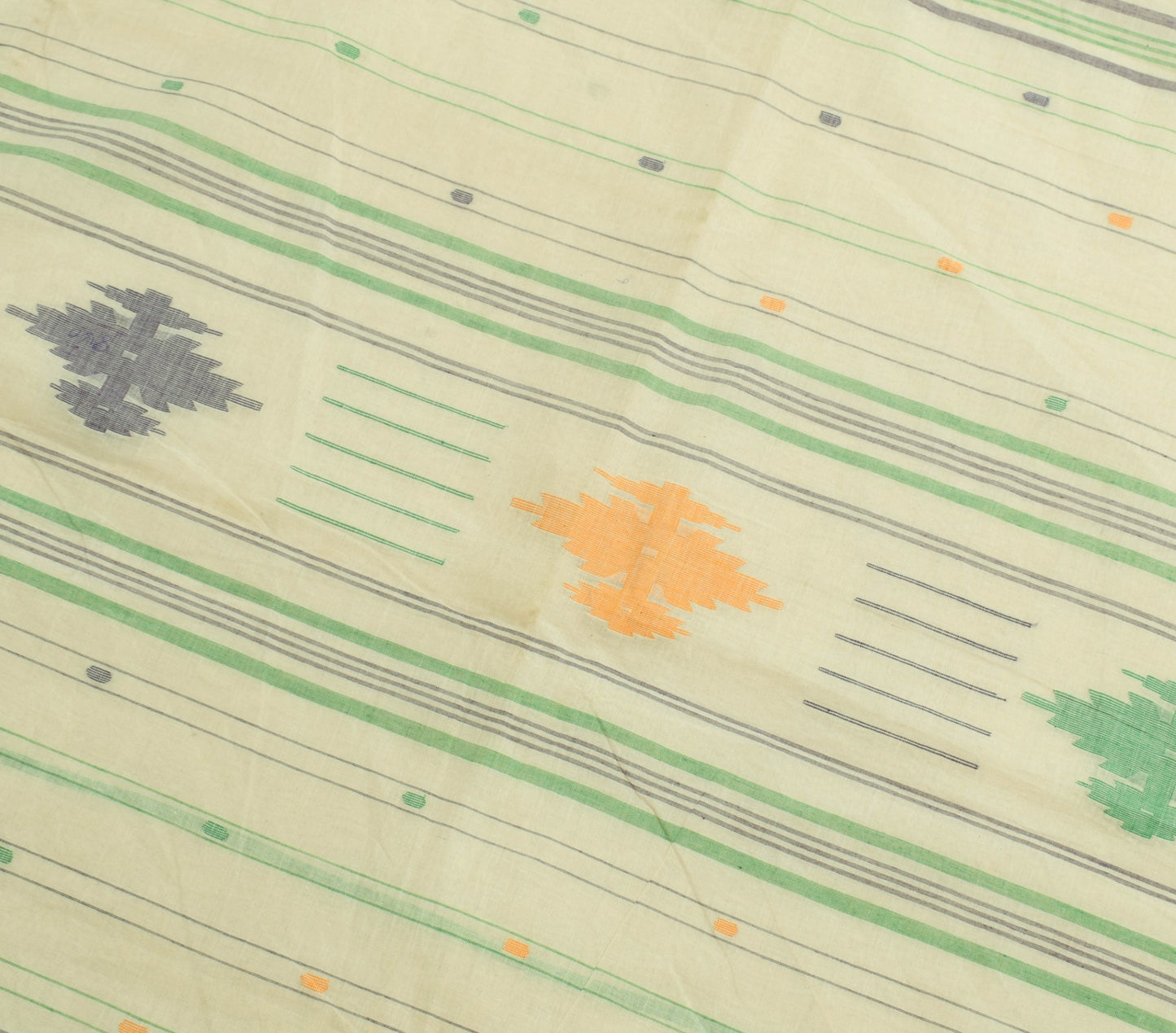 Sushila Vintage Cream 100% Pure Cotton Saree Tant Woven Floral Sari Craft Fabric