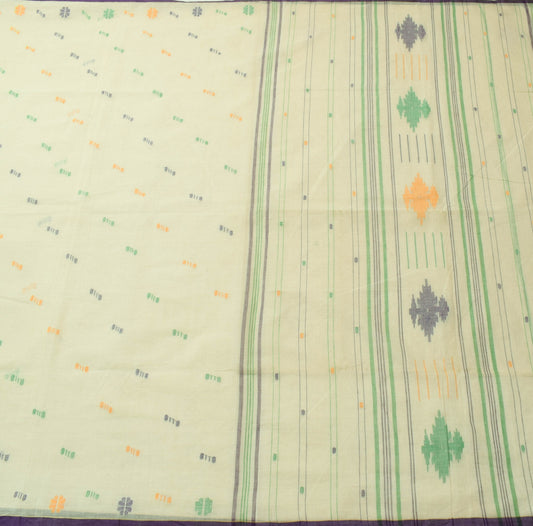 Sushila Vintage Cream 100% Pure Cotton Saree Tant Woven Floral Sari Craft Fabric