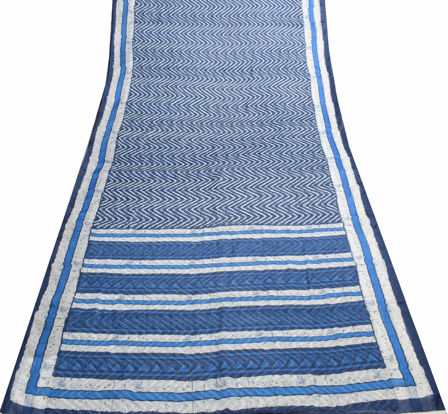 Sushila Vintage Blue White Silk Saree Zig Zag Printed Hand Block  Printed Fabric