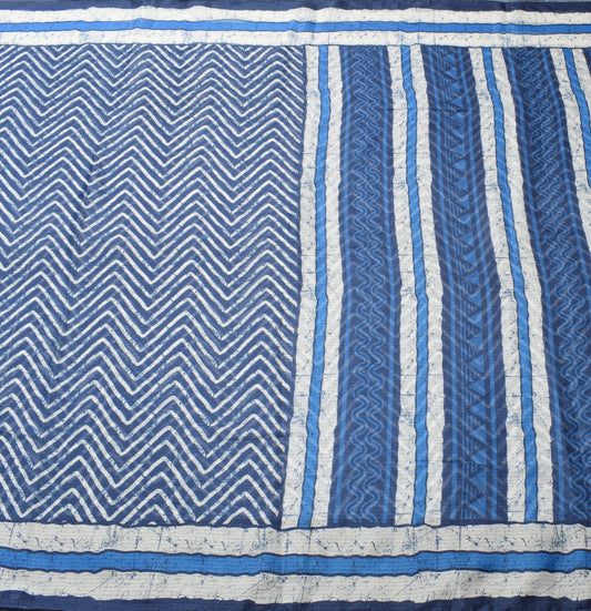 Sushila Vintage Blue White Silk Saree Zig Zag Printed Hand Block  Printed Fabric