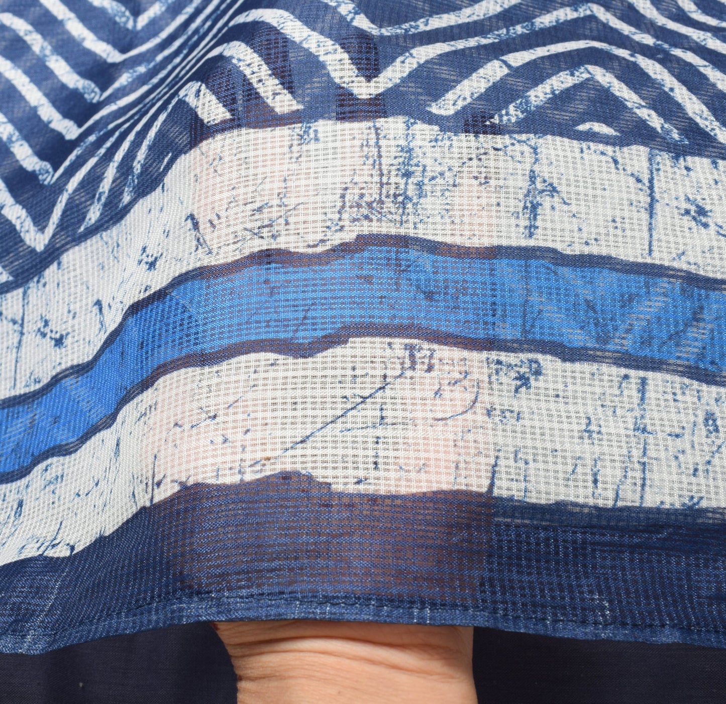 Sushila Vintage Blue White Silk Saree Zig Zag Printed Hand Block  Printed Fabric