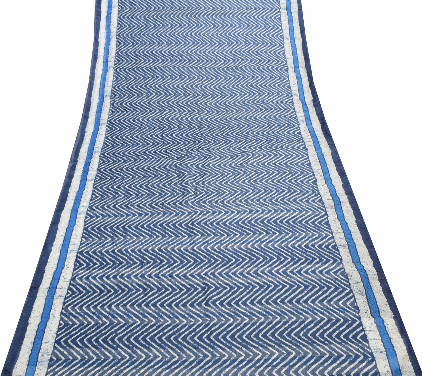 Sushila Vintage Blue White Silk Saree Zig Zag Printed Hand Block  Printed Fabric