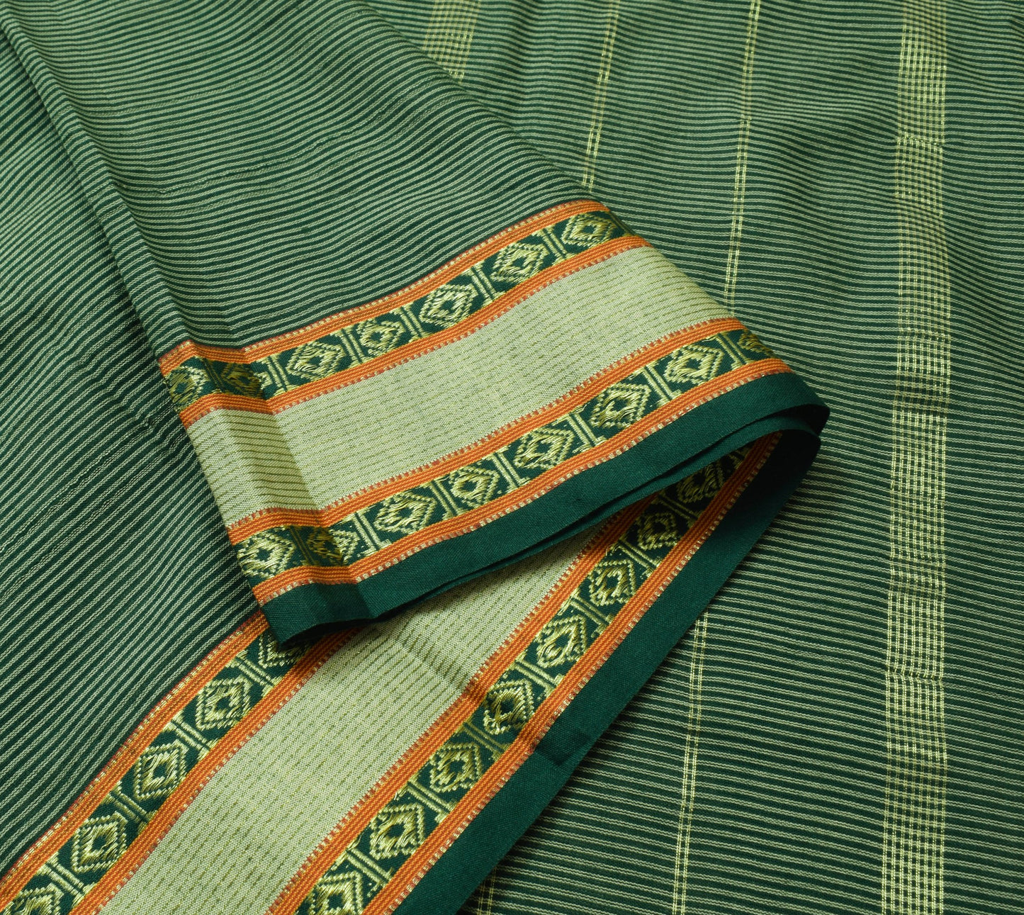 Sushila Vintage Bottle Green Silk Saree Stripes Woven Soft Sari Craft Fabric