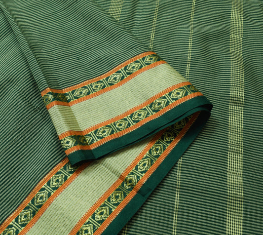 Sushila Vintage Bottle Green Silk Saree Stripes Woven Soft Sari Craft Fabric