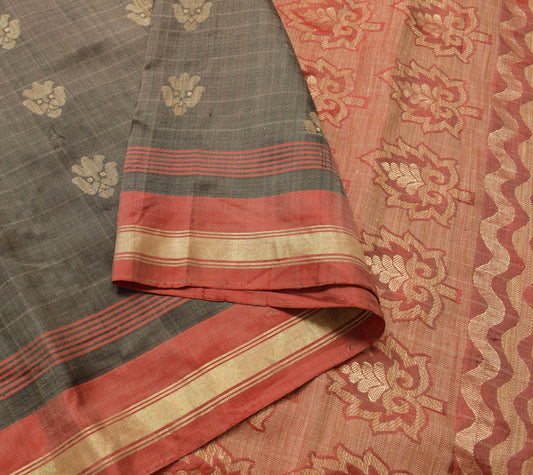 Sushila Vintage Black Dual Tone Saree Pure Silk Floral Woven Soft Sari Fabric