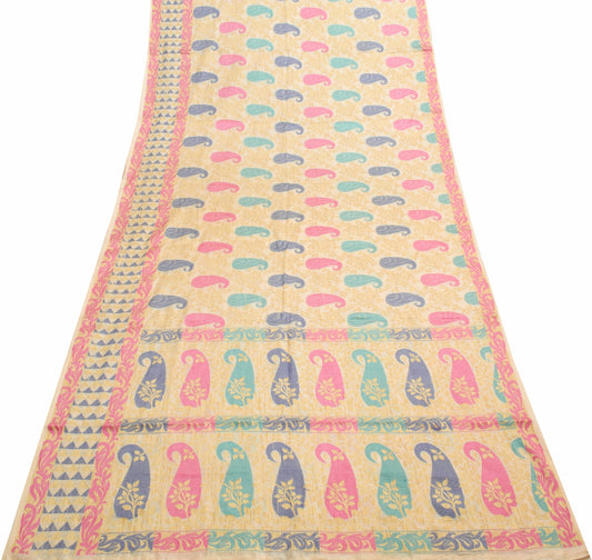 Sushila Vintage Cream 100% Pure Silk Saree Woven Paisley Traditional Sari Fabric