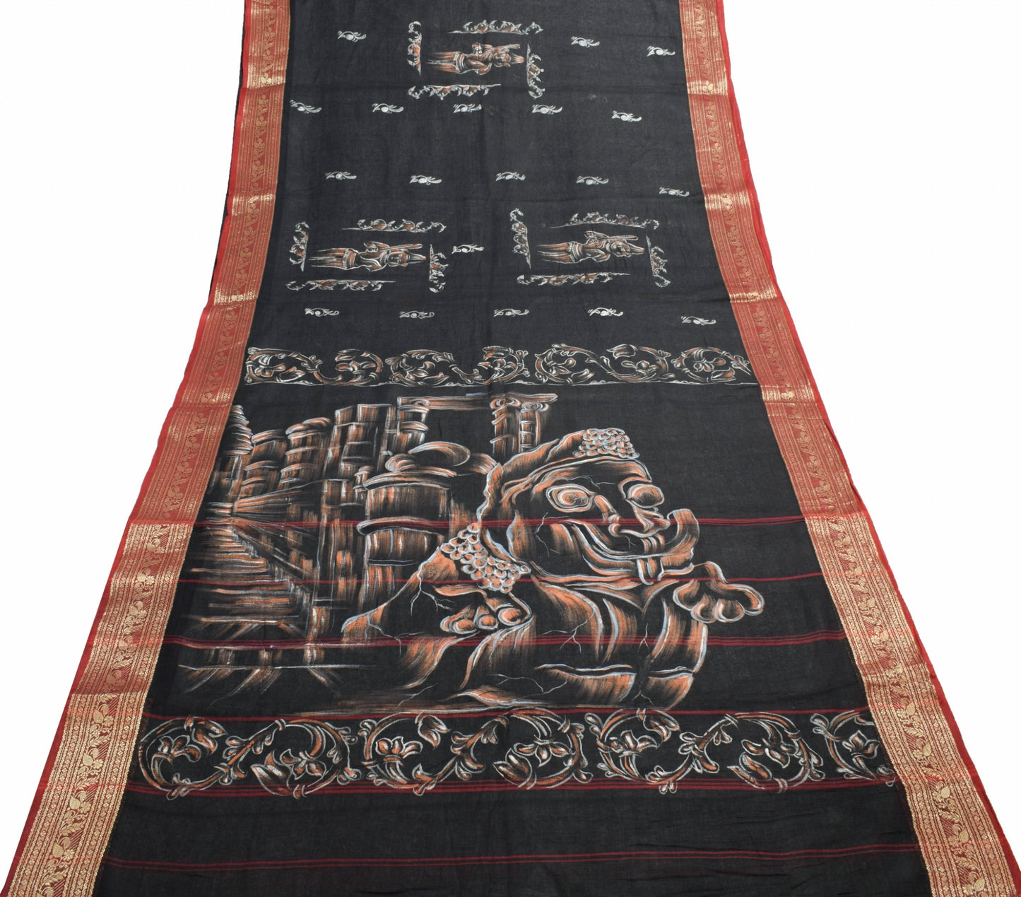 Sushila Vtg Pure Cotton Black Woven Saree Hand Work Human Printed Sari Fabric