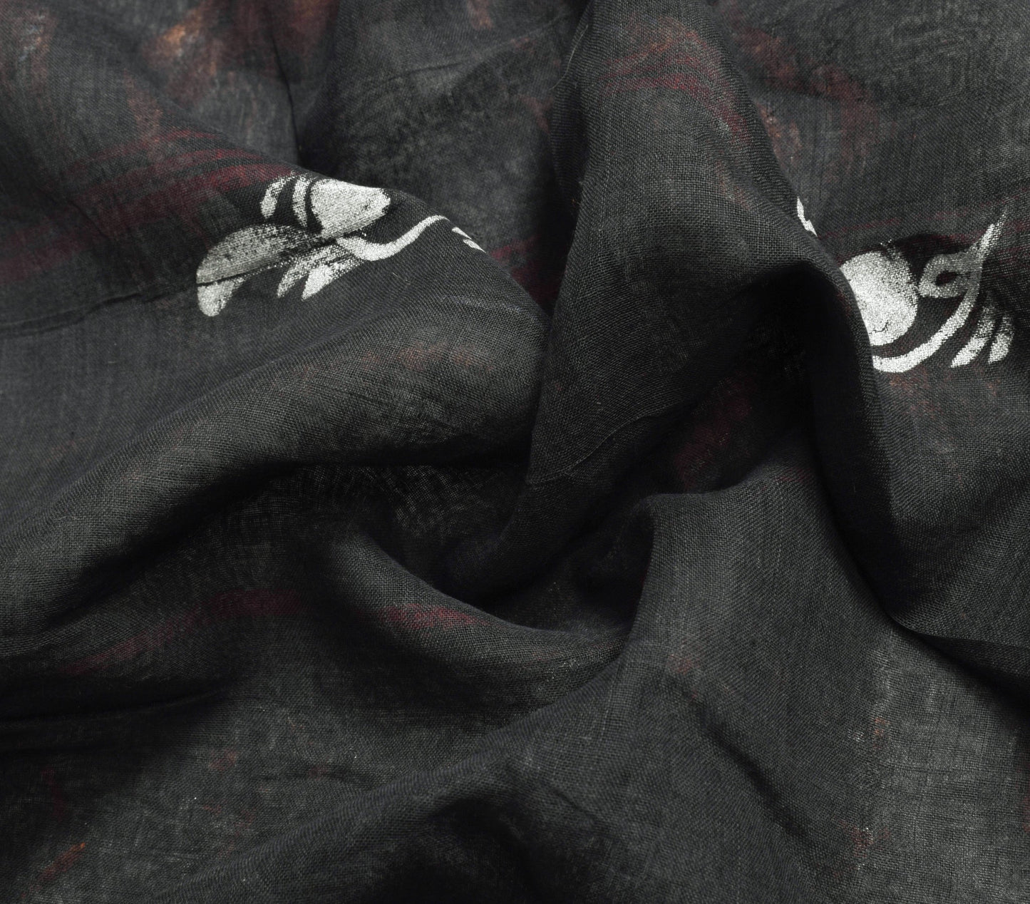 Sushila Vtg Pure Cotton Black Woven Saree Hand Work Human Printed Sari Fabric