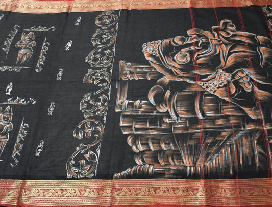 Sushila Vtg Pure Cotton Black Woven Saree Hand Work Human Printed Sari Fabric