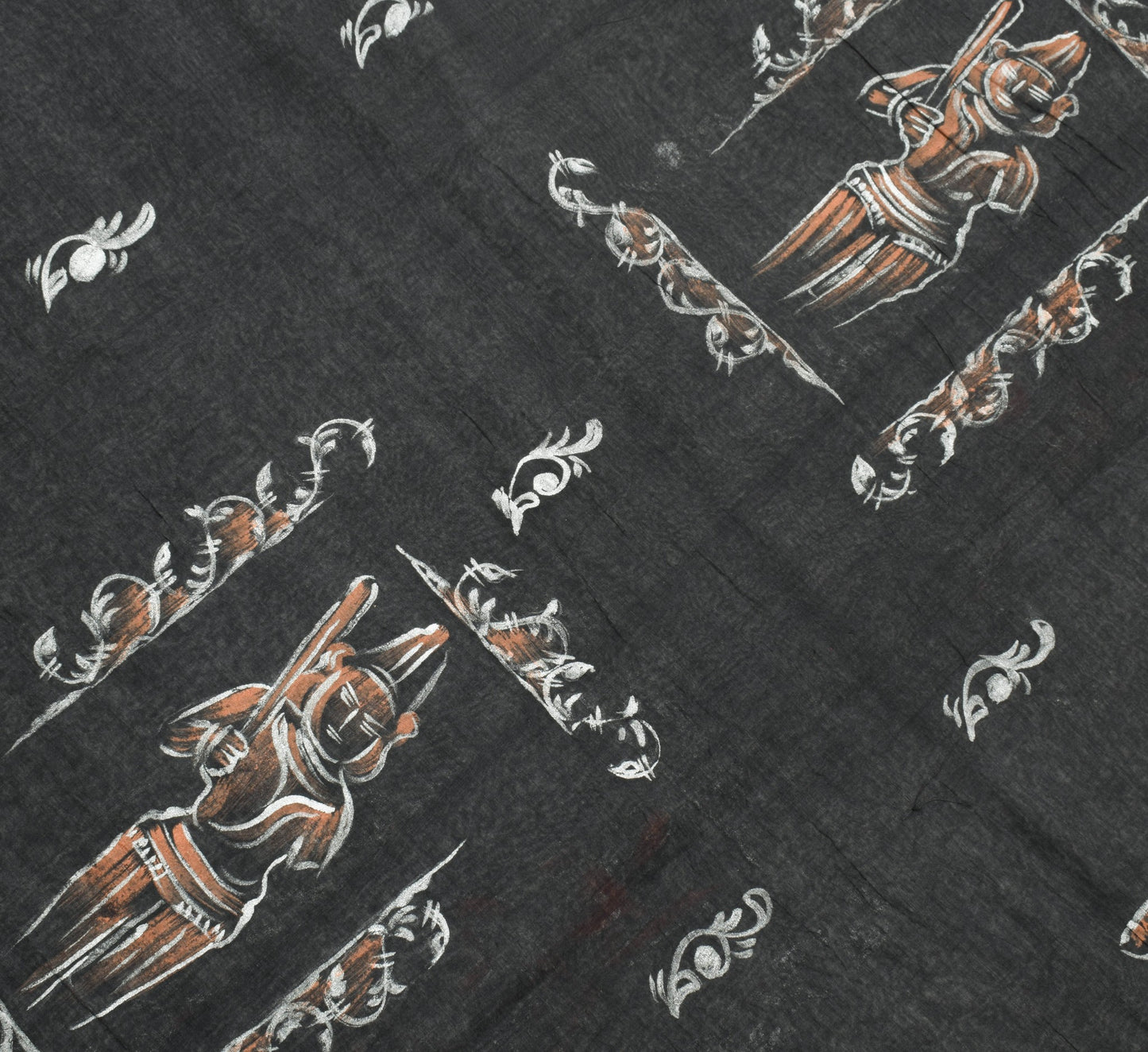 Sushila Vtg Pure Cotton Black Woven Saree Hand Work Human Printed Sari Fabric