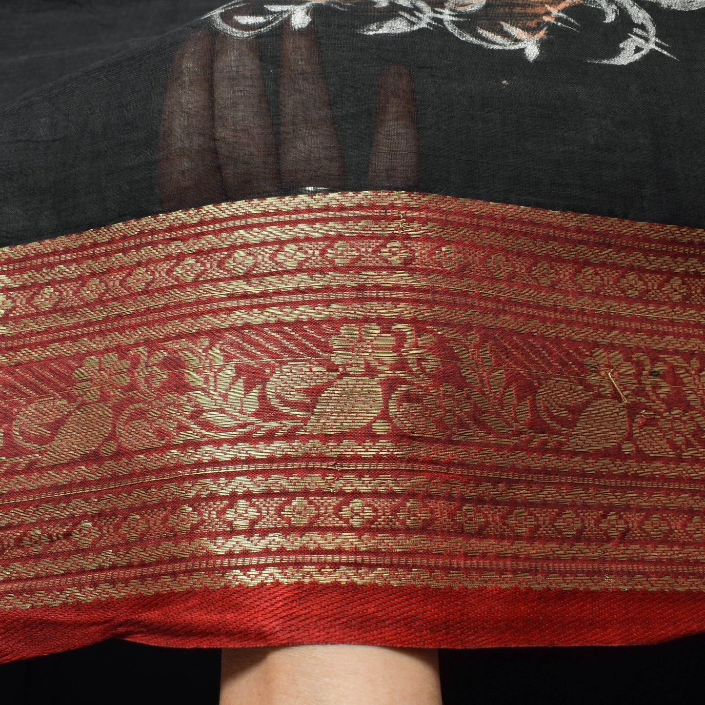 Sushila Vtg Pure Cotton Black Woven Saree Hand Work Human Printed Sari Fabric