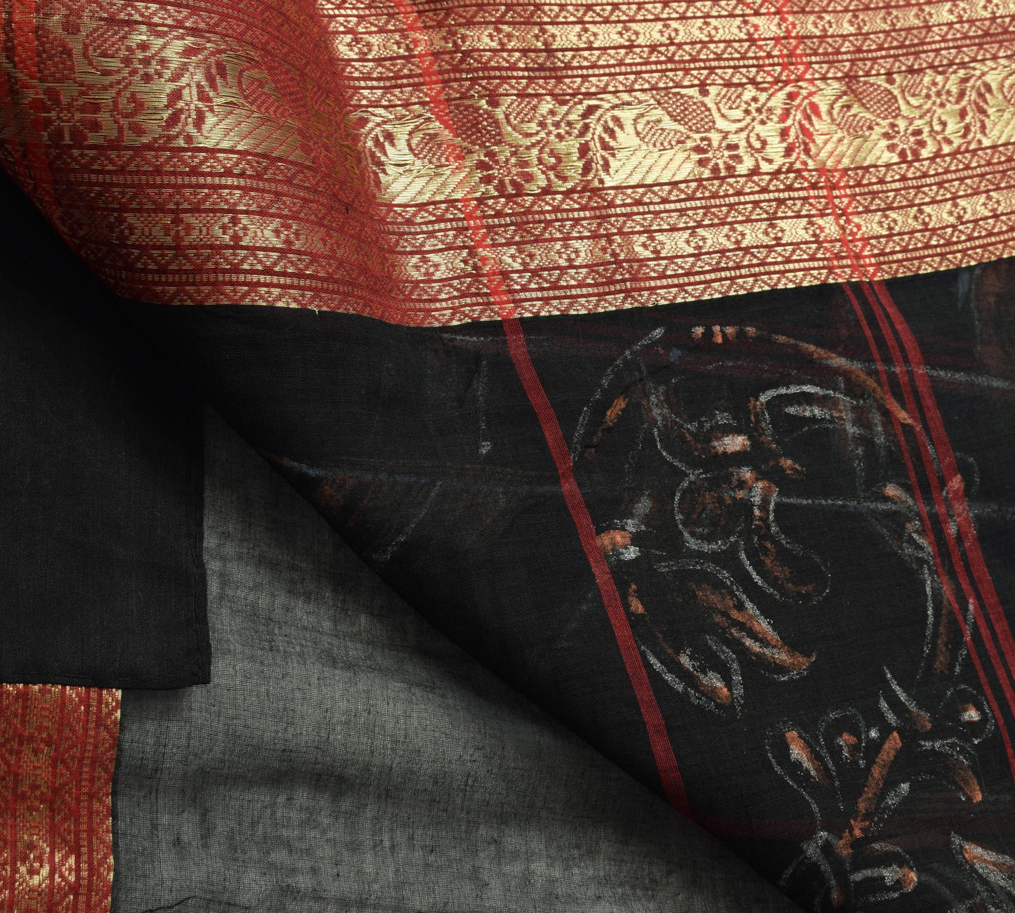 Sushila Vtg Pure Cotton Black Woven Saree Hand Work Human Printed Sari Fabric