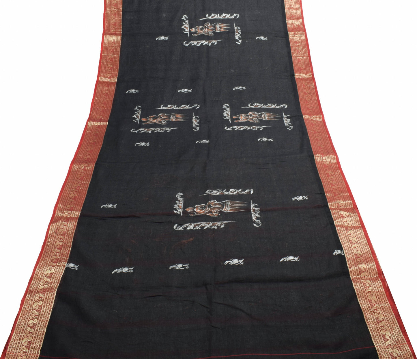 Sushila Vtg Pure Cotton Black Woven Saree Hand Work Human Printed Sari Fabric
