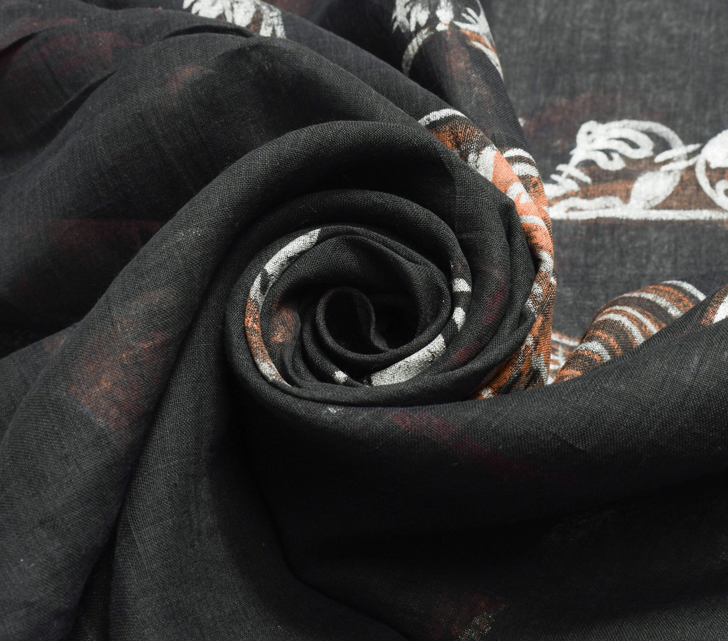Sushila Vtg Pure Cotton Black Woven Saree Hand Work Human Printed Sari Fabric