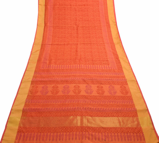 Sushila Vintage Red Orange Cotton Saree Hand Block Printed Floral Sari Fabric