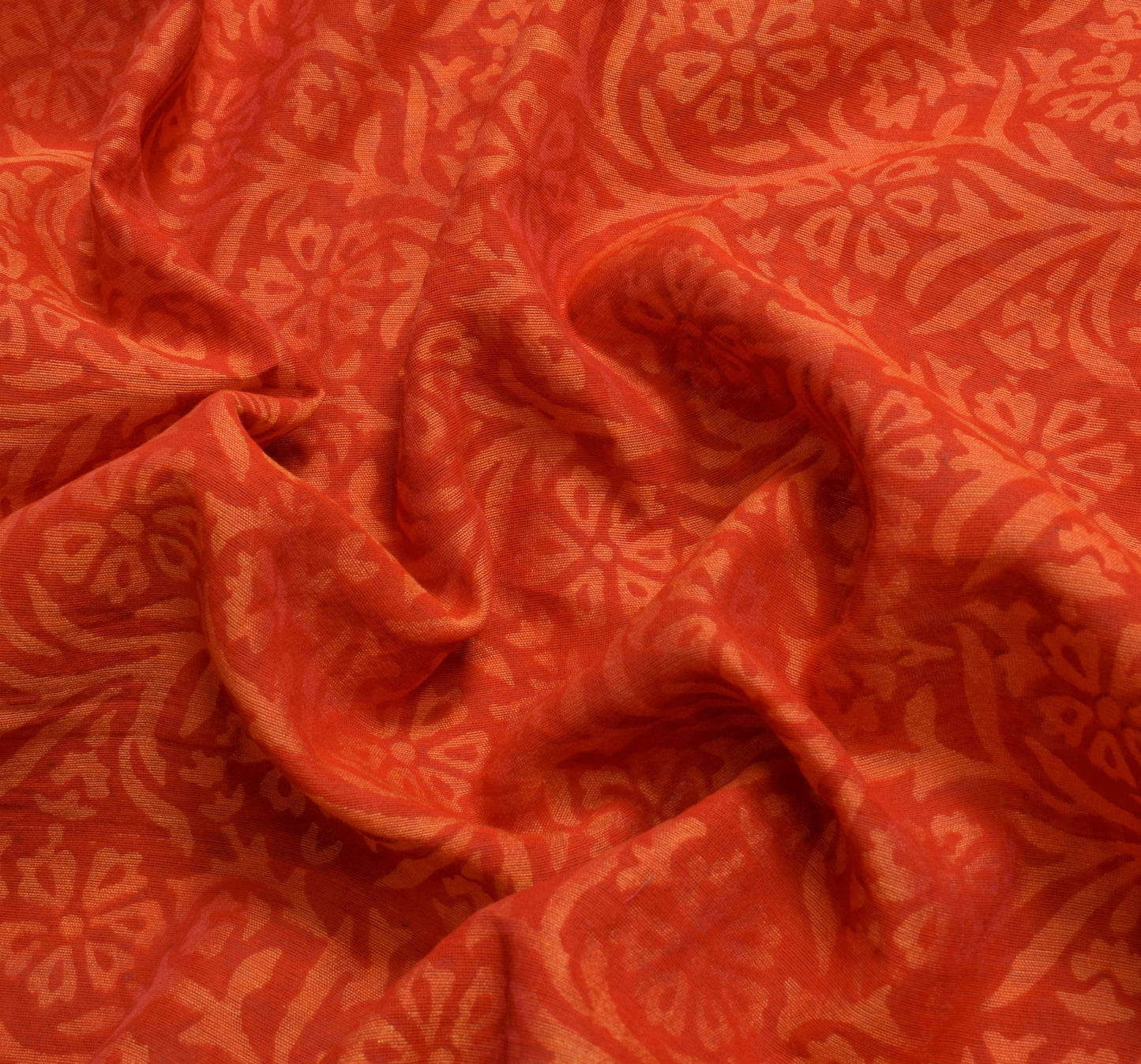 Sushila Vintage Red Orange Cotton Saree Hand Block Printed Floral Sari Fabric