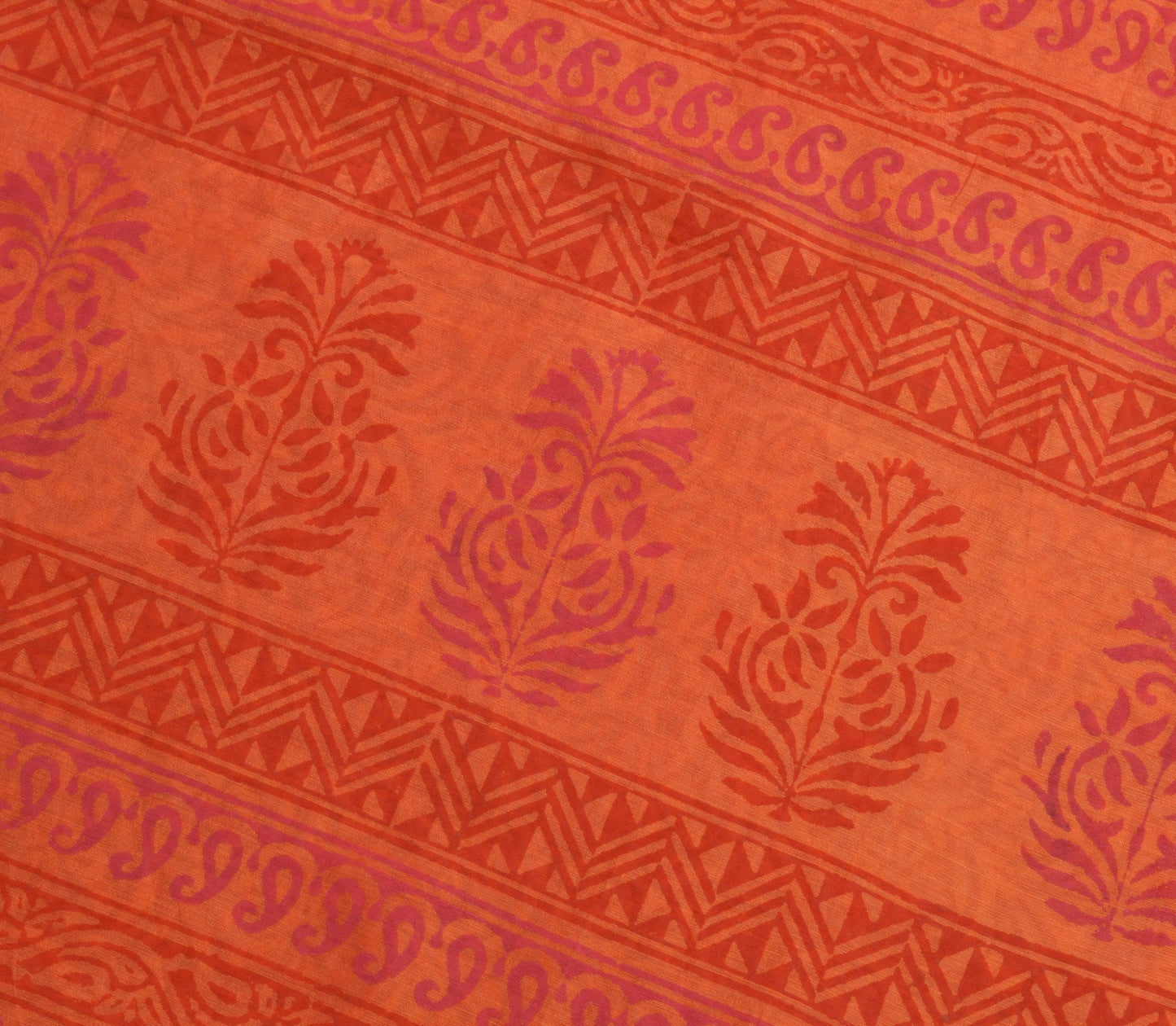 Sushila Vintage Red Orange Cotton Saree Hand Block Printed Floral Sari Fabric