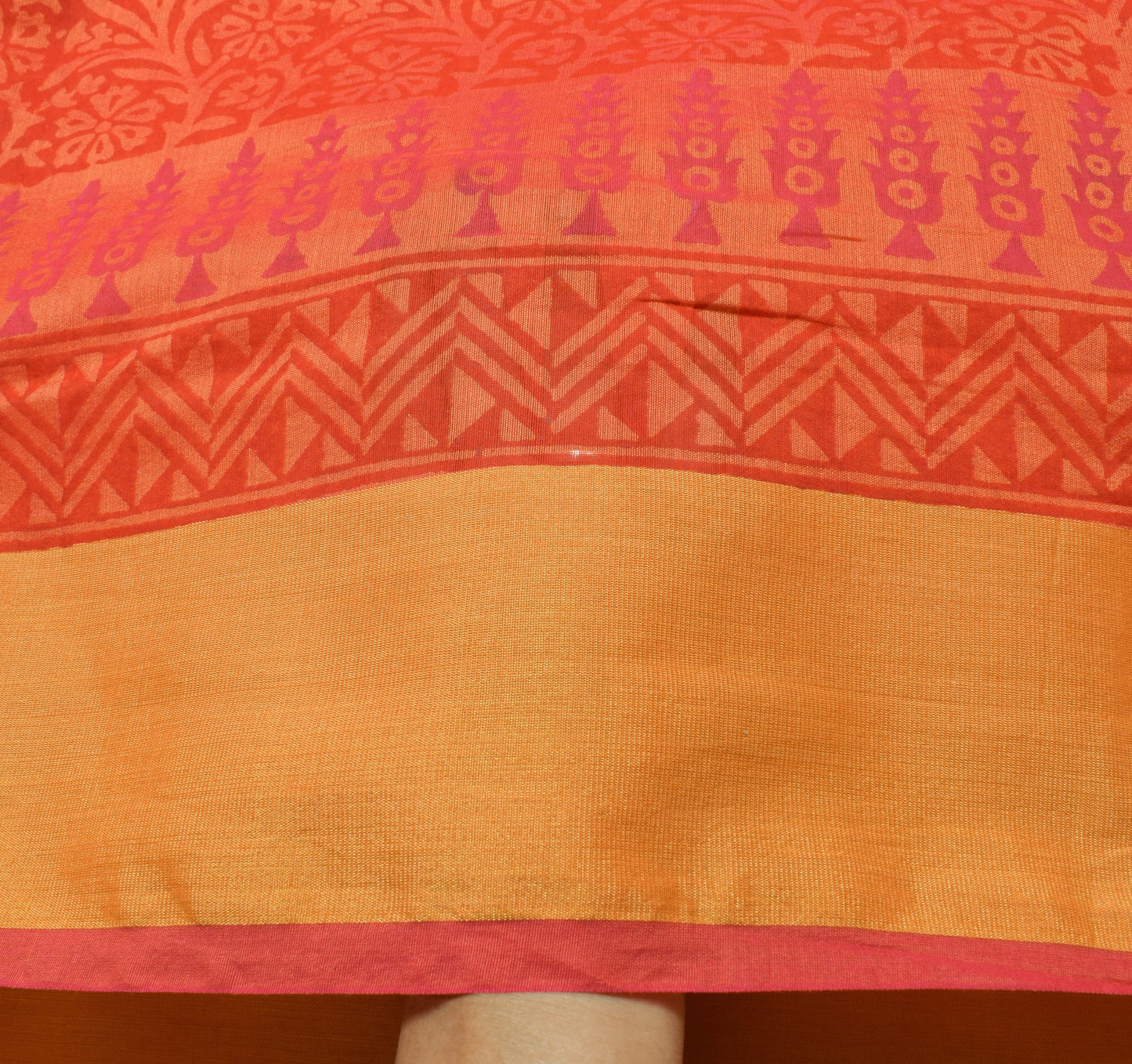 Sushila Vintage Red Orange Cotton Saree Hand Block Printed Floral Sari Fabric