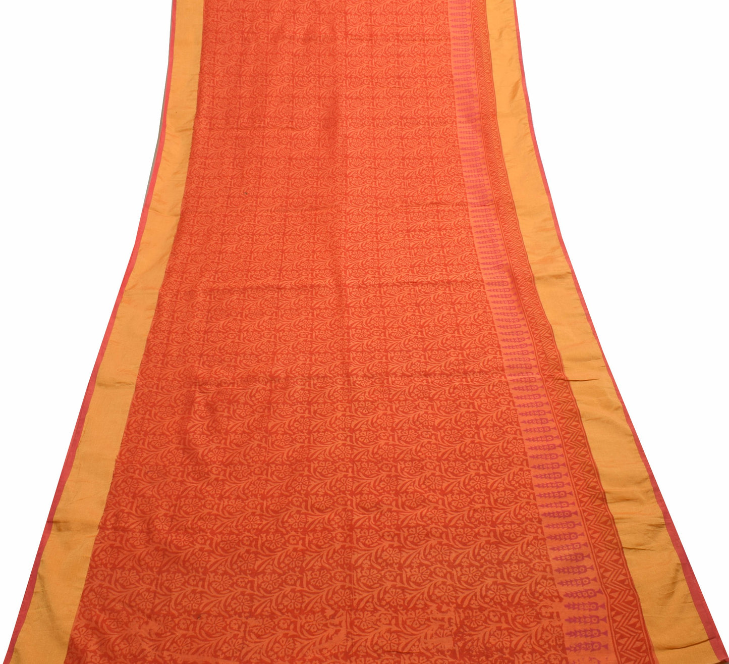Sushila Vintage Red Orange Cotton Saree Hand Block Printed Floral Sari Fabric