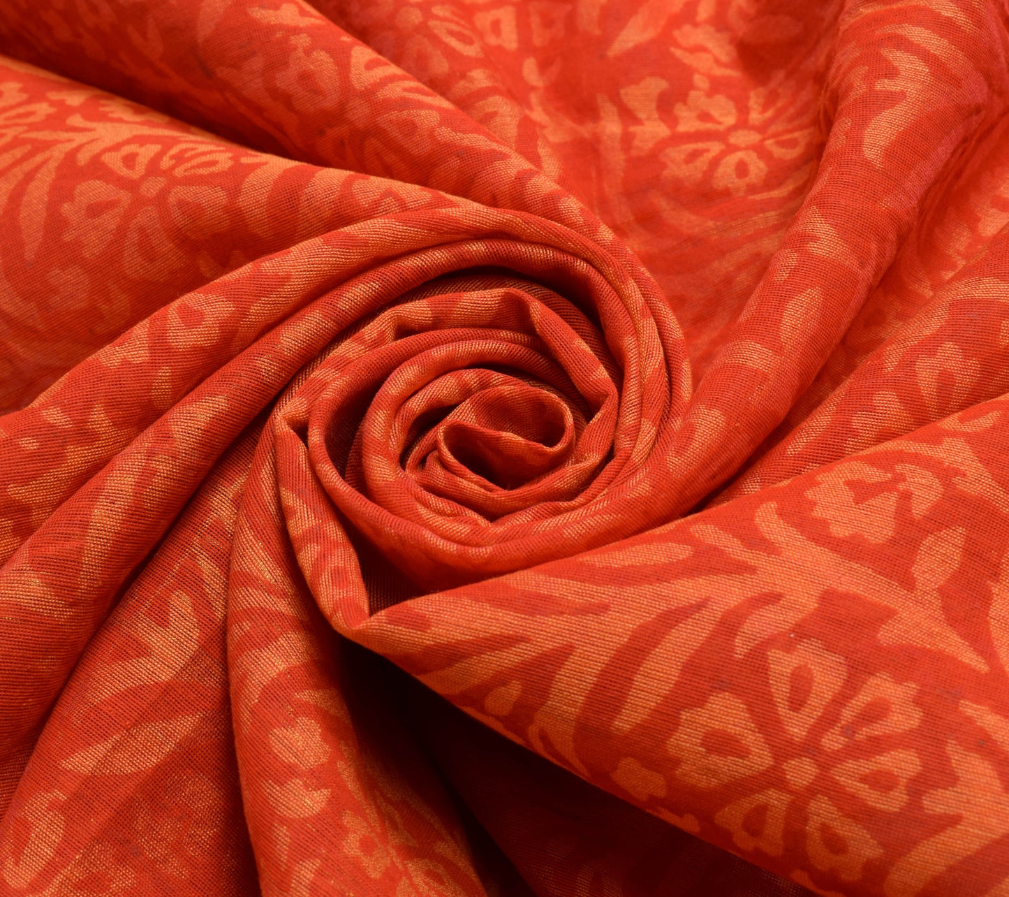 Sushila Vintage Red Orange Cotton Saree Hand Block Printed Floral Sari Fabric