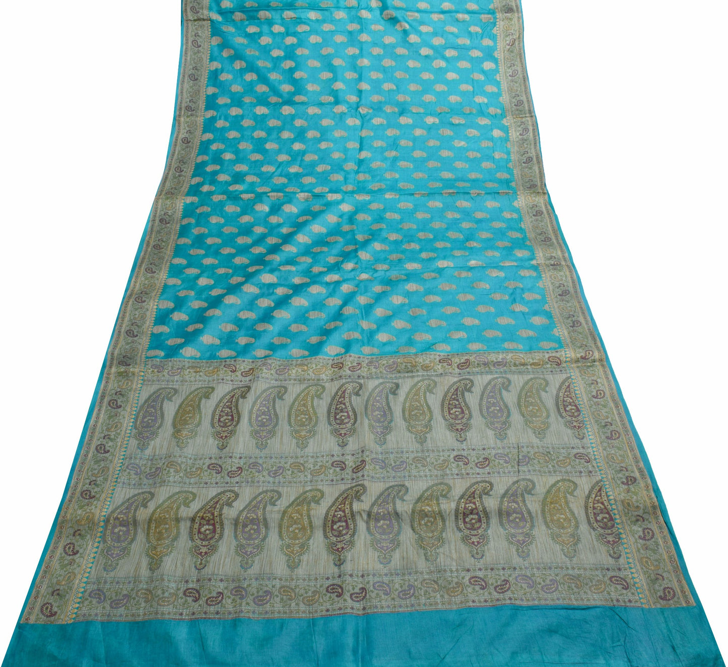 Sushila Vintage Turquoise Blue Saree Pure Silk Paisley Woven Sari Craft Fabric