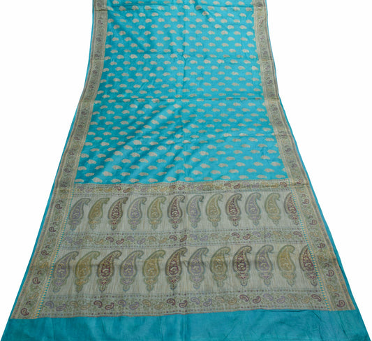 Sushila Vintage Turquoise Blue Saree Pure Silk Paisley Woven Sari Craft Fabric