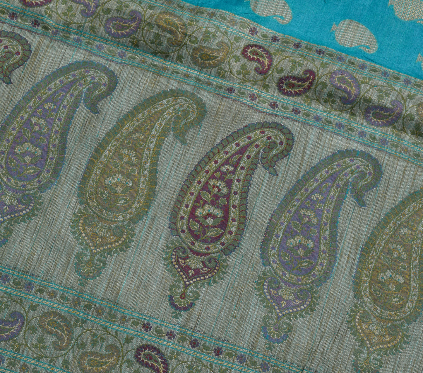 Sushila Vintage Turquoise Blue Saree Pure Silk Paisley Woven Sari Craft Fabric