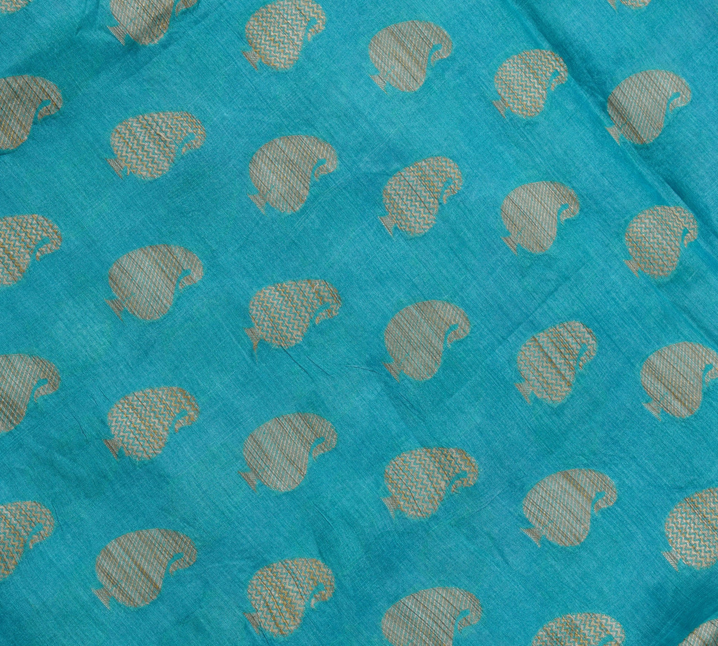 Sushila Vintage Turquoise Blue Saree Pure Silk Paisley Woven Sari Craft Fabric