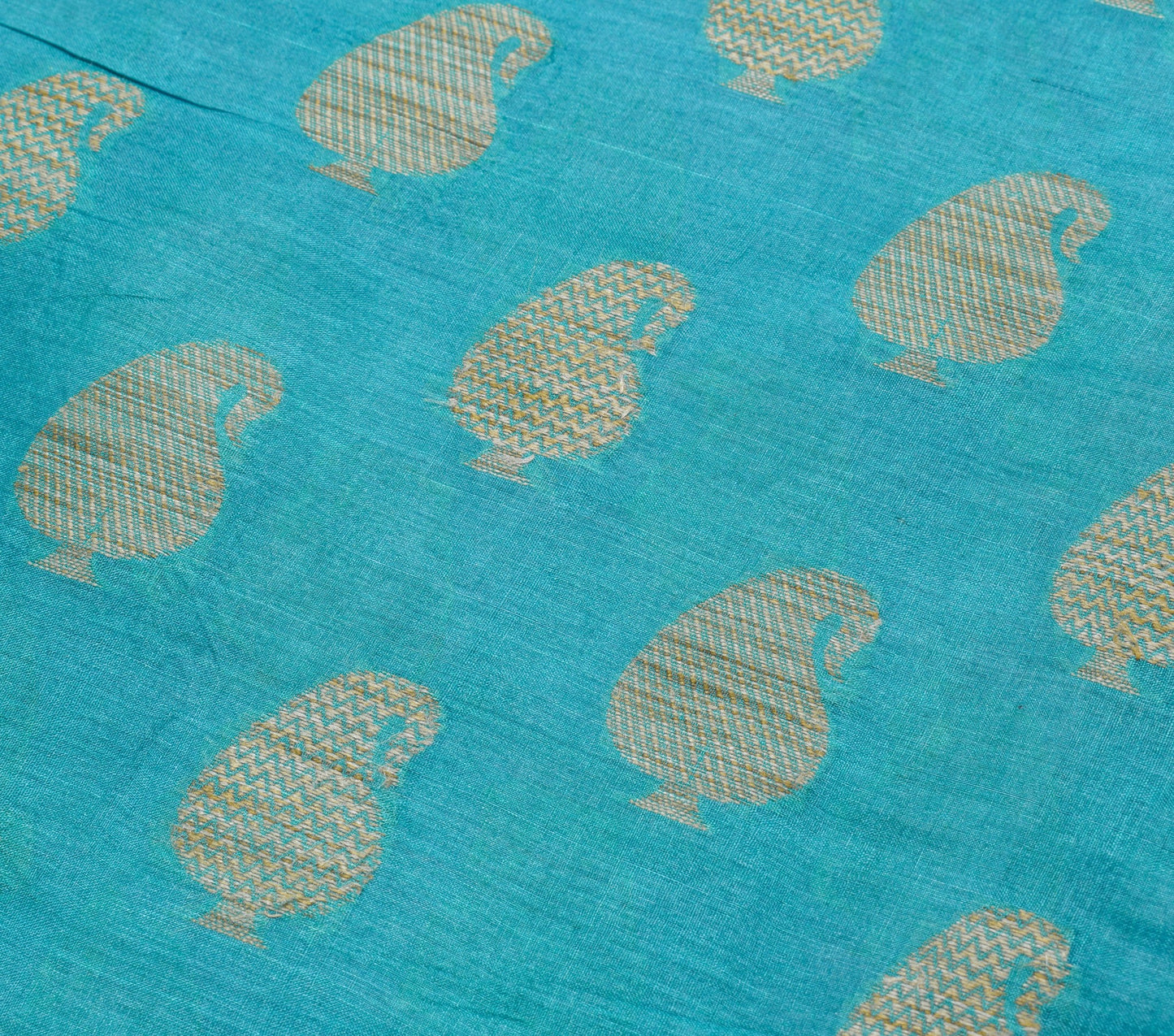 Sushila Vintage Turquoise Blue Saree Pure Silk Paisley Woven Sari Craft Fabric