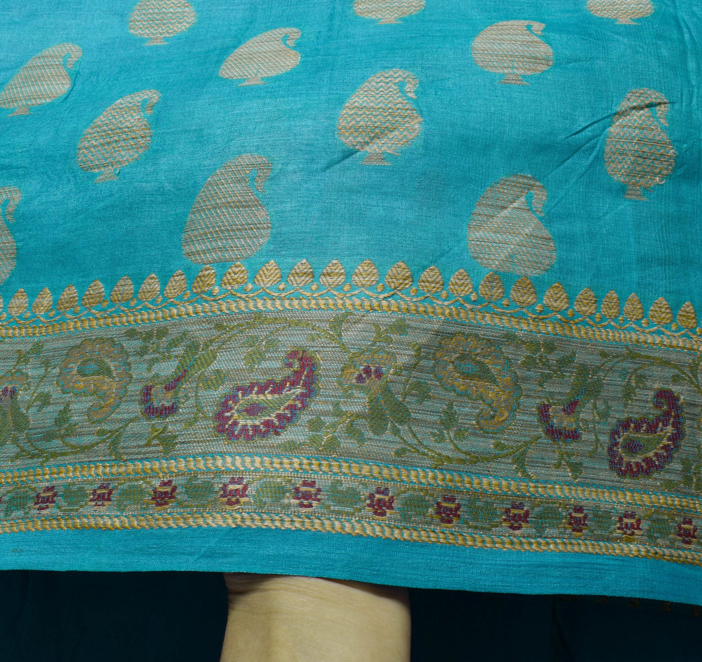 Sushila Vintage Turquoise Blue Saree Pure Silk Paisley Woven Sari Craft Fabric
