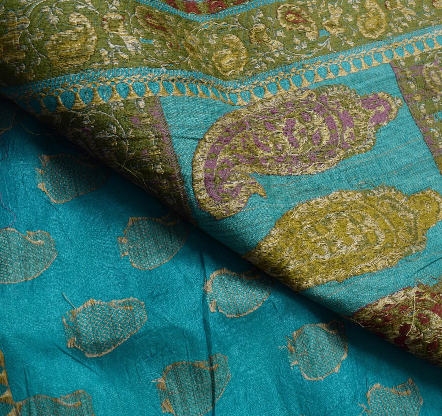 Sushila Vintage Turquoise Blue Saree Pure Silk Paisley Woven Sari Craft Fabric