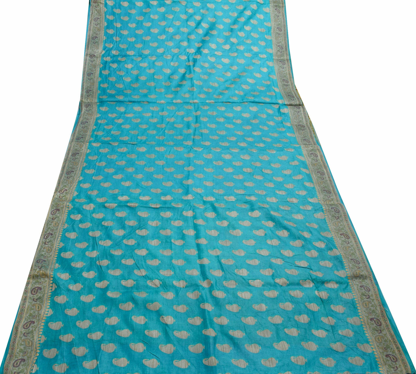 Sushila Vintage Turquoise Blue Saree Pure Silk Paisley Woven Sari Craft Fabric